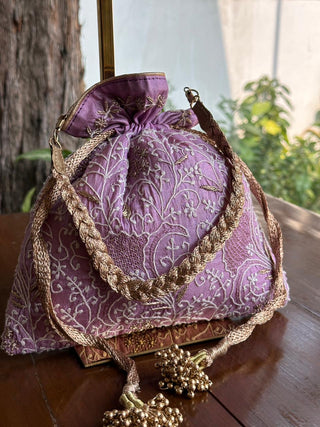 Lavender Raw Silk Chikankari Polti Bags