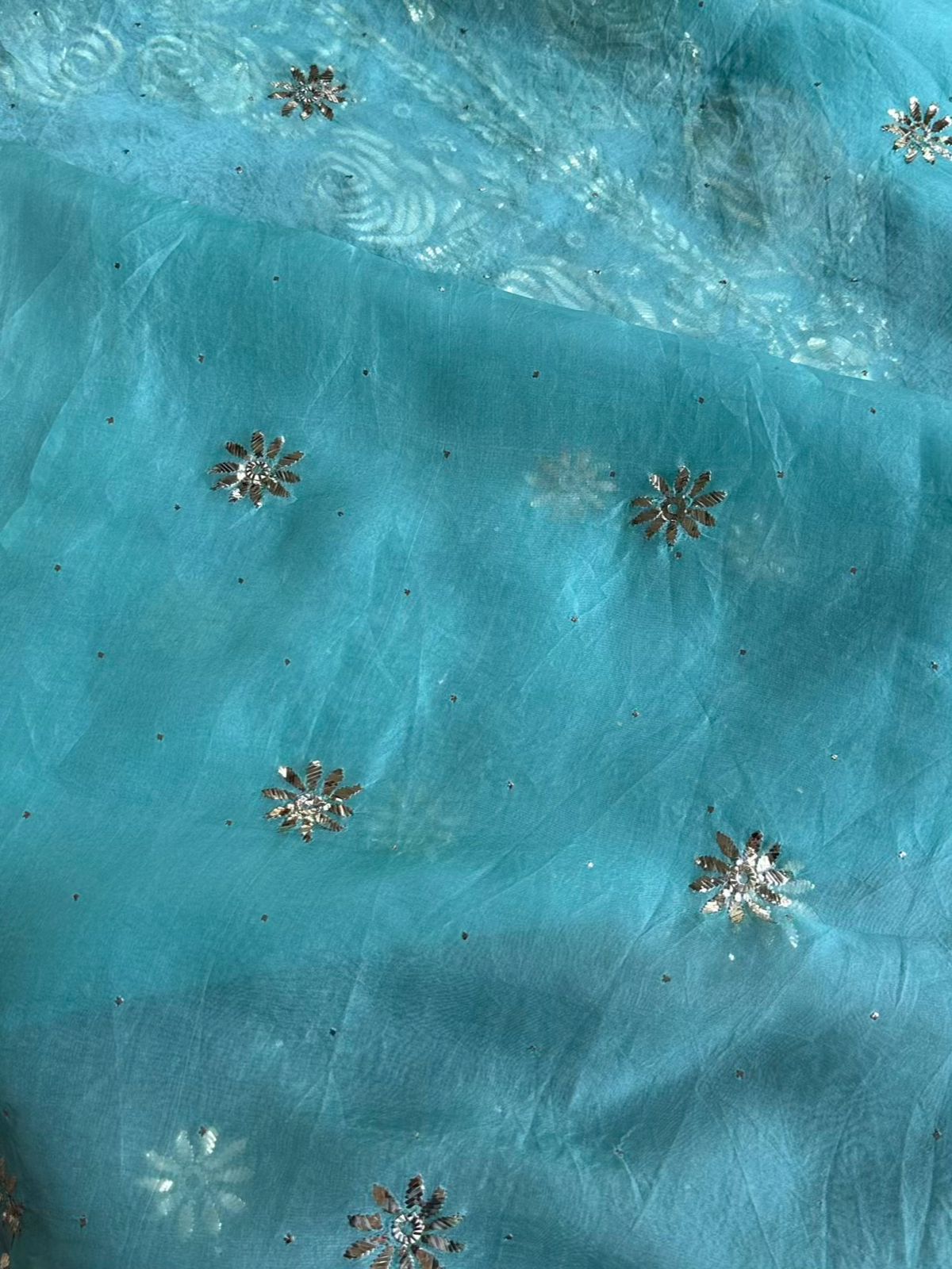 Aqua Mint Noor Organza Silk Mukaish Badla Unstitched Kurta Dupatta Set