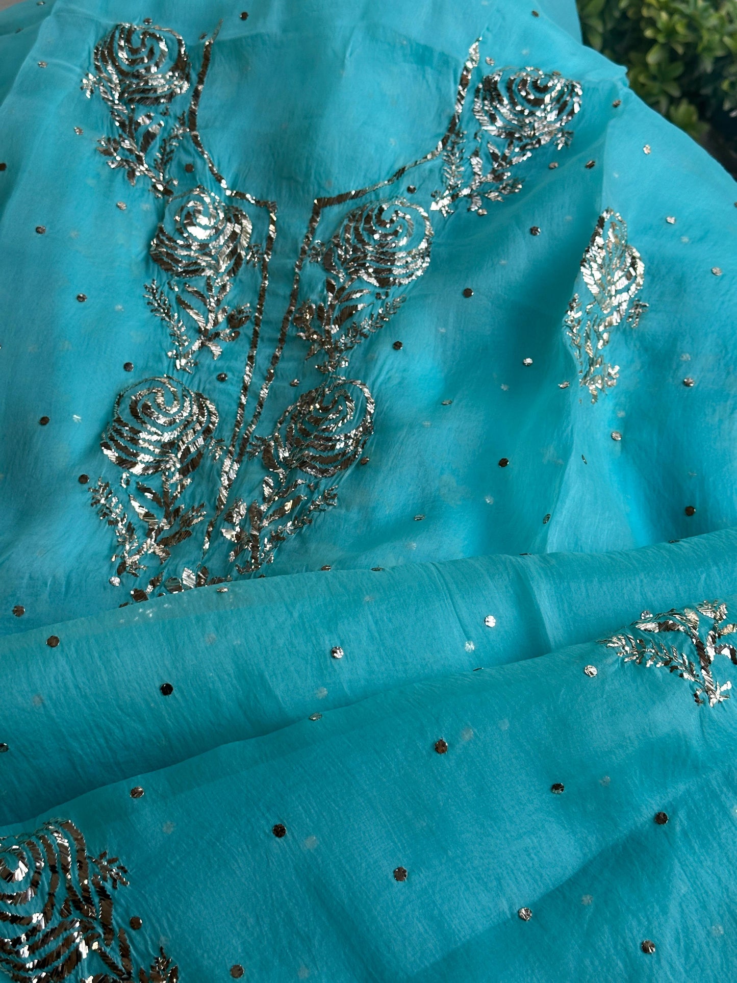 Aqua Blue Foil Print Organza Chikankari Sharara Set