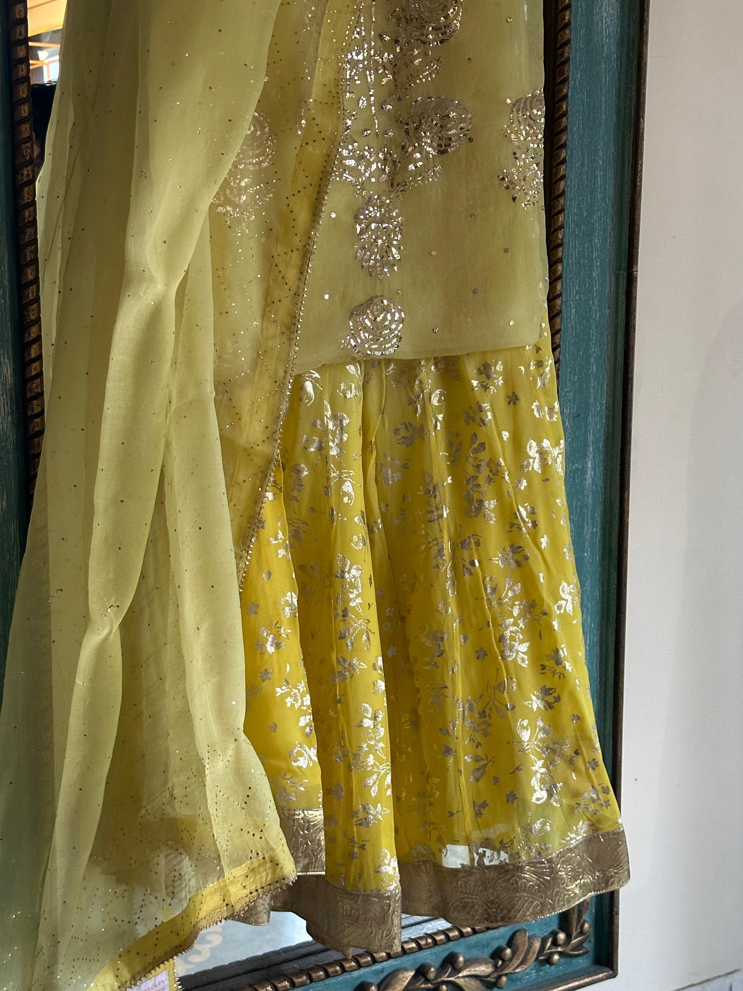 Light Yellow Foil Print Organza Chikankari Sharara Set