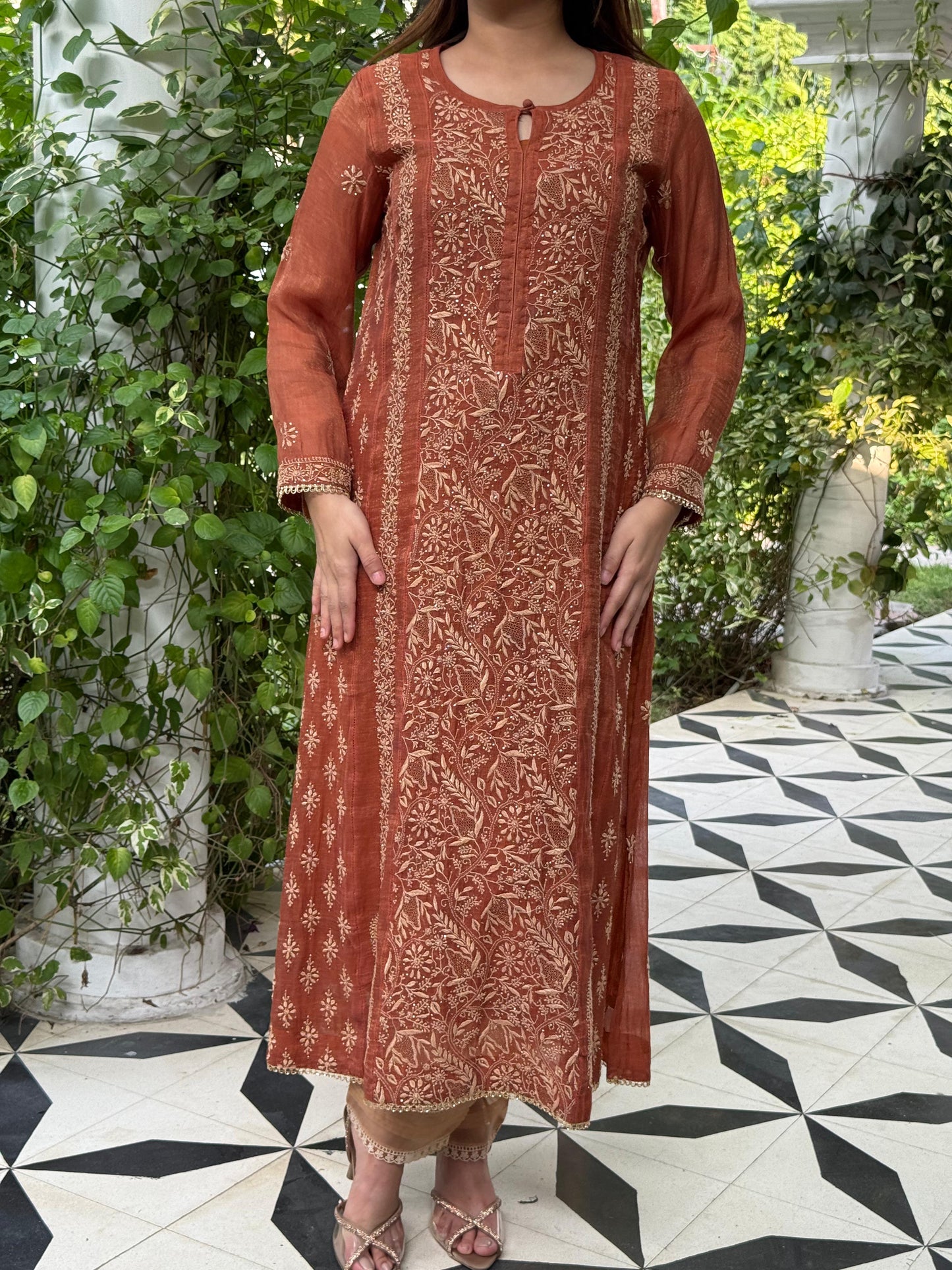 Rust Orange Tissue Silk Chikankari Straight Cut Kurta Dupatta Set