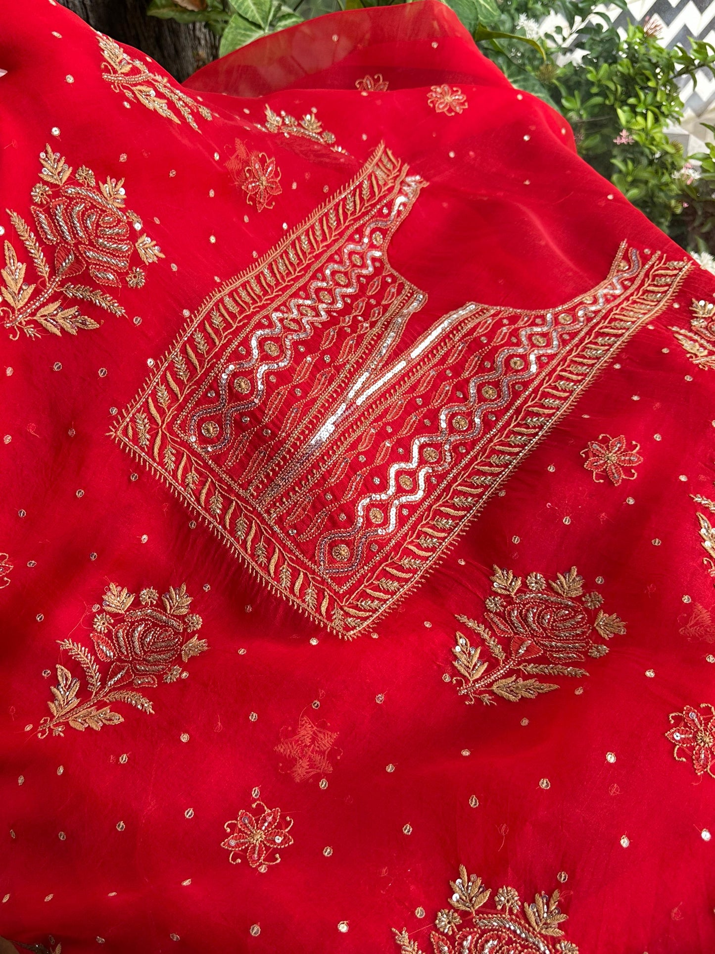 Red Noor Organza Silk Chikankari Unstitched Kurta Dupatta Set