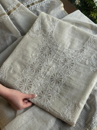Off White Shade Tissue Zari Kota Chikankari Unstitched Fabric