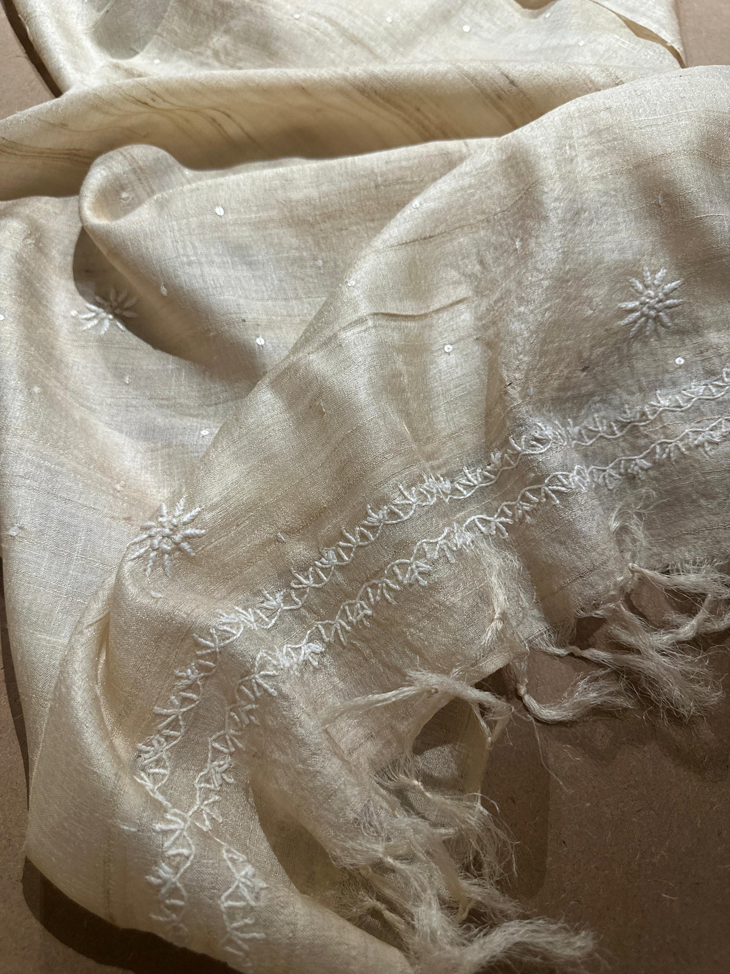 Semi Stitched Natural Tussar Silk Chikankari Kurta Dupatta Set