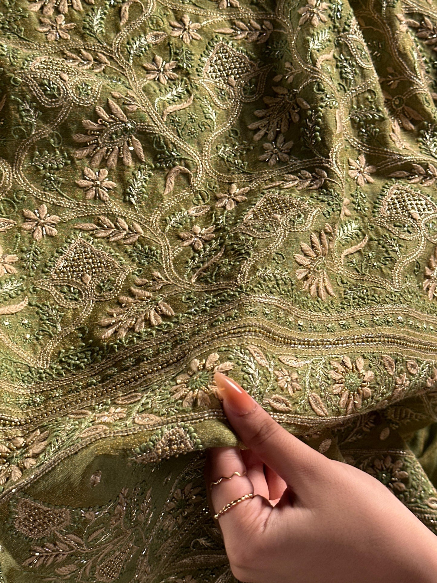 Green Tissue Silk Chikankari Unstitched Fabric