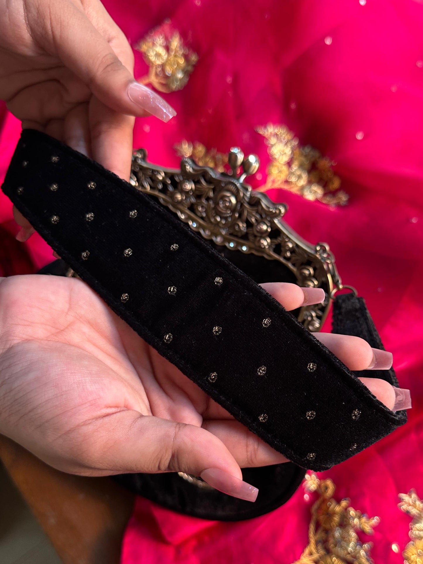 Jet Black Velvet Ari Mukaish Zardosi Sling Bag