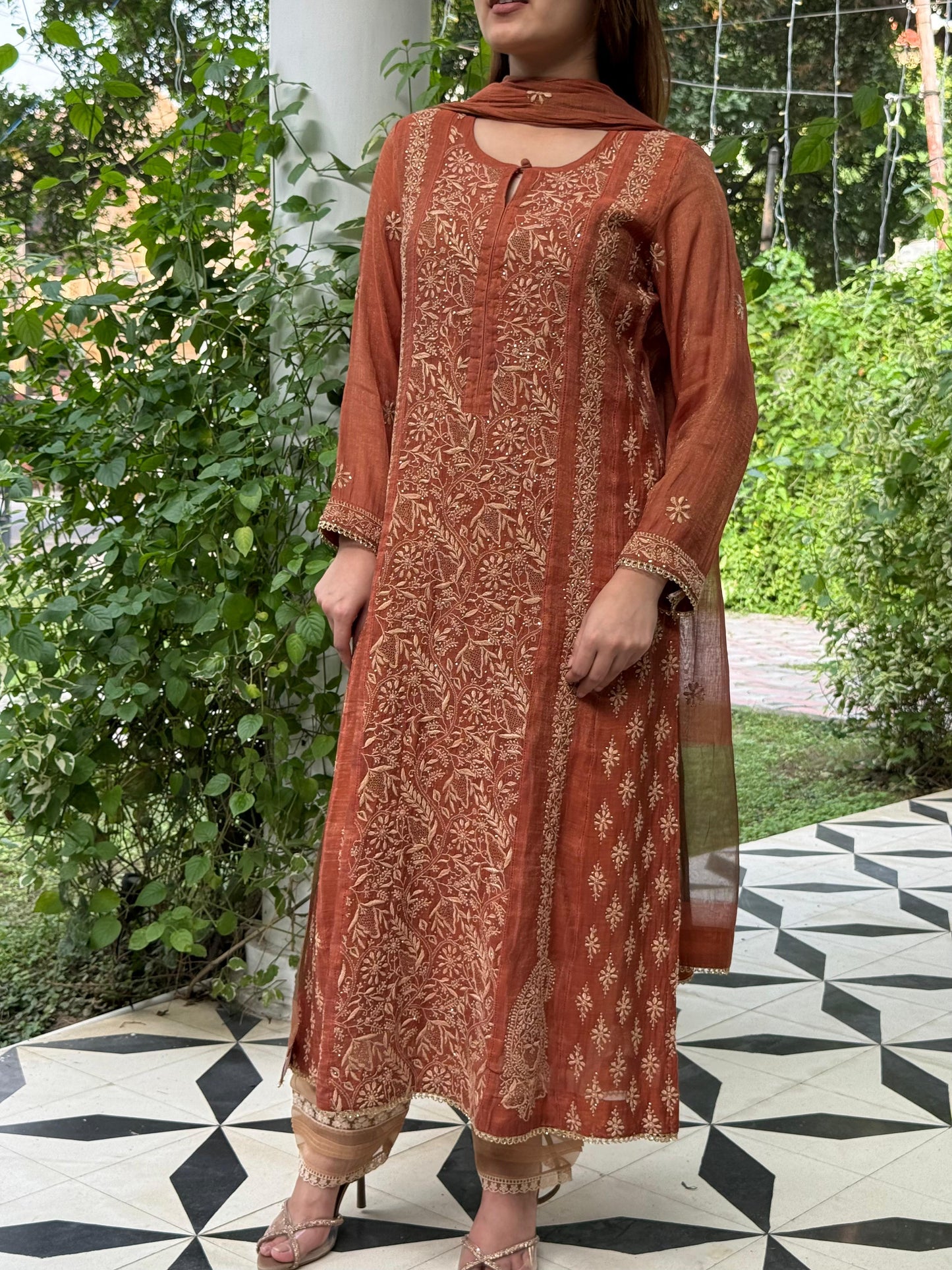 Rust Orange Tissue Silk Chikankari Straight Cut Kurta Dupatta Set