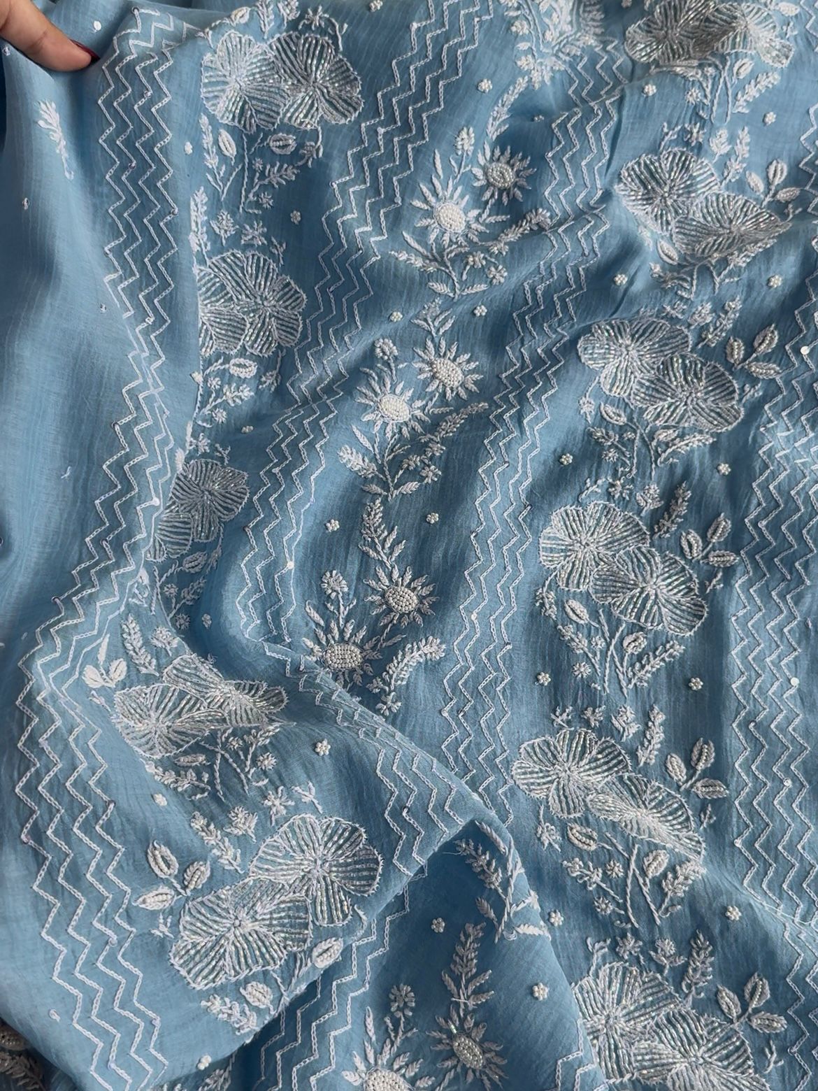 Blue Maheshwari Pearl Work Chikankari Unstitched Fabrics