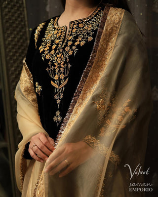 Jet Black Shade Saman Velvet Ready To Wear Kurta Set