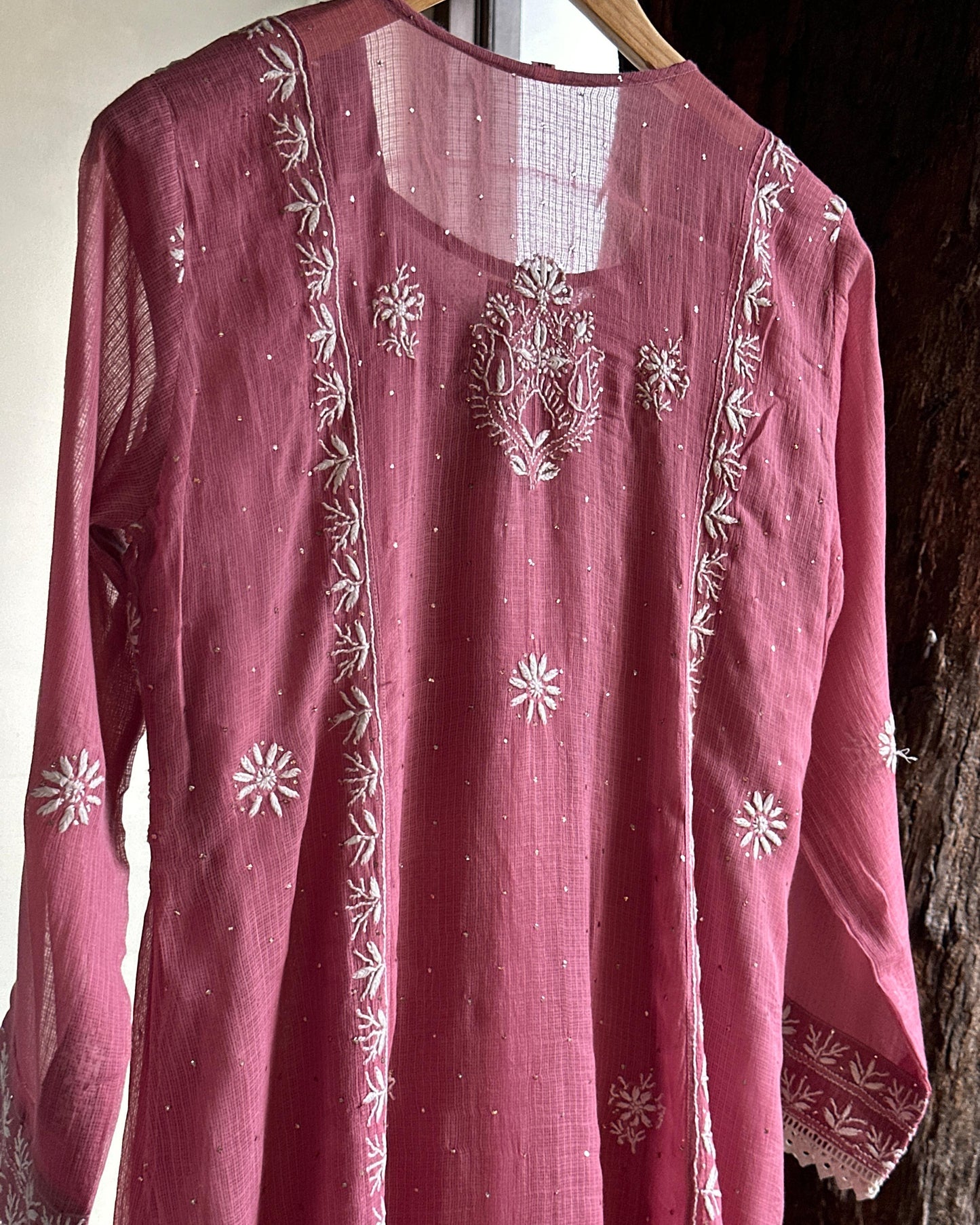 Onion Pink Kota Chikankari with Mukaish Kamdani Tunics