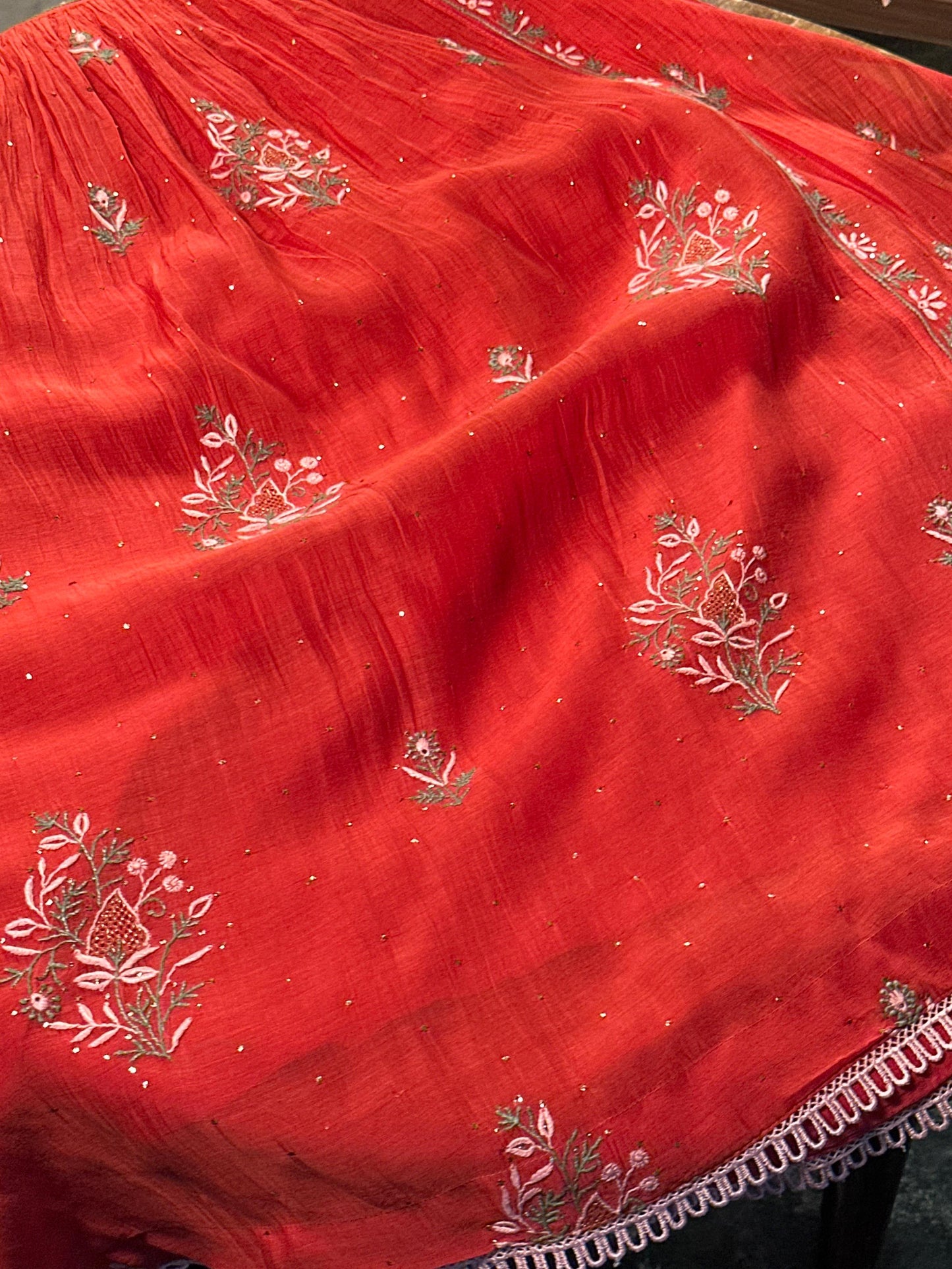 Saman Tomato Red | Malmal Mukaish Kamdani Chikankari Stitched Kurta Dupatta Set