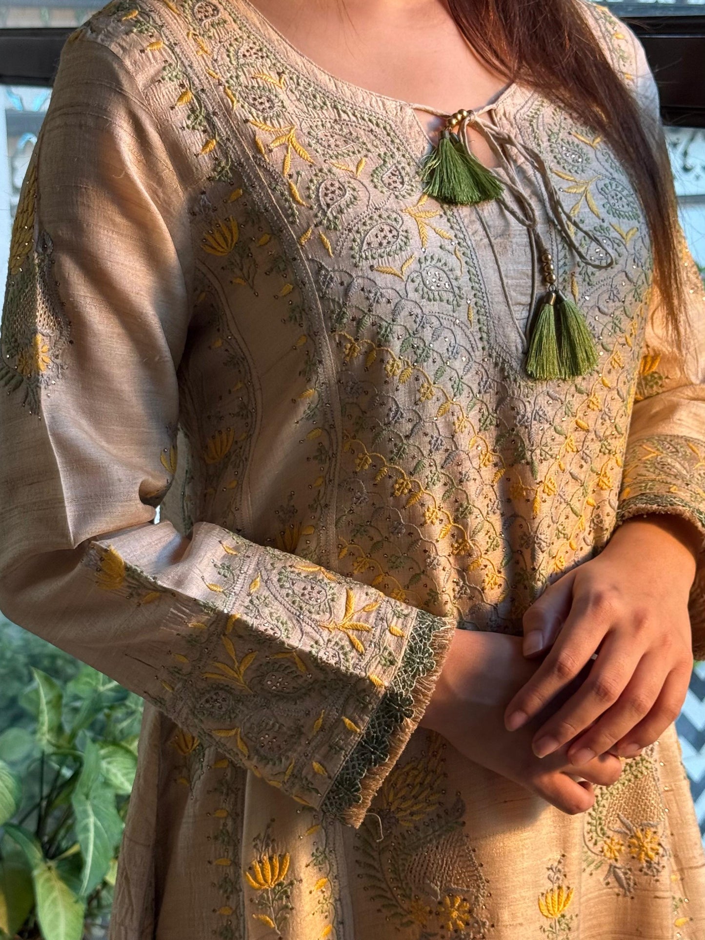 Basak Natural Tussar Silk Kalidar Chikankari Kurta Set