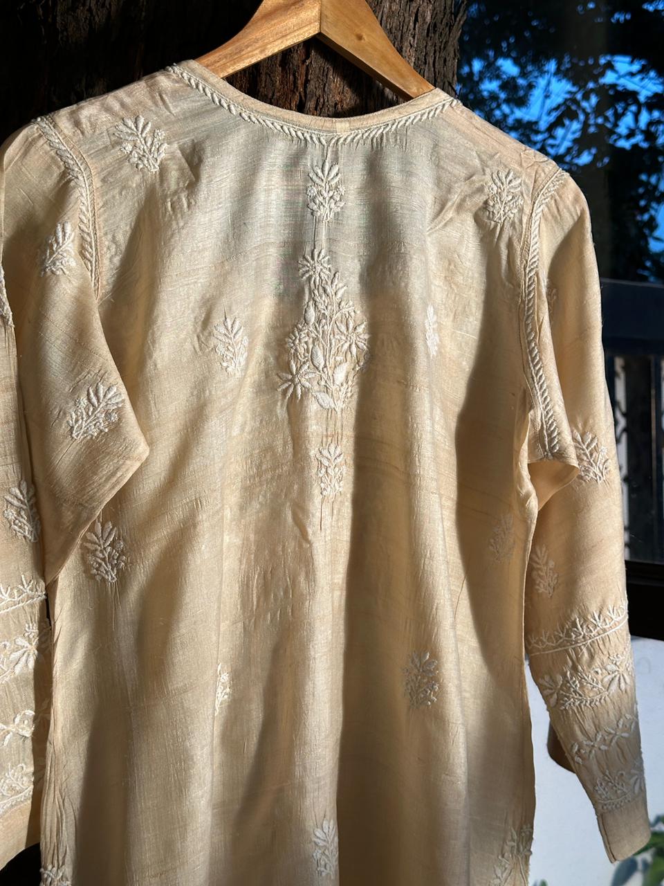 Natural Tussar Silk Chikankari Ready to Wear A Line Kurta