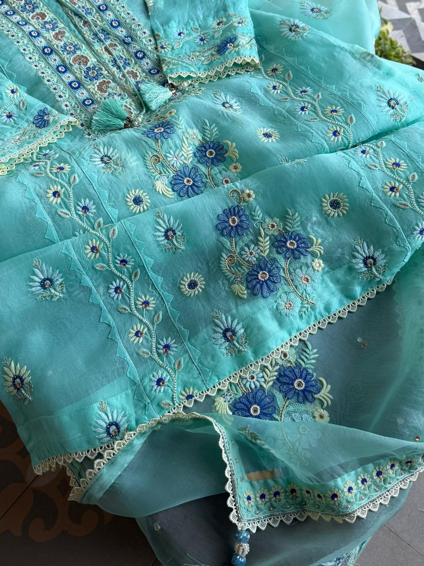 Blue Shade Noor Organza Silk Chikankari Straight Cut Kurta Dupatta Set