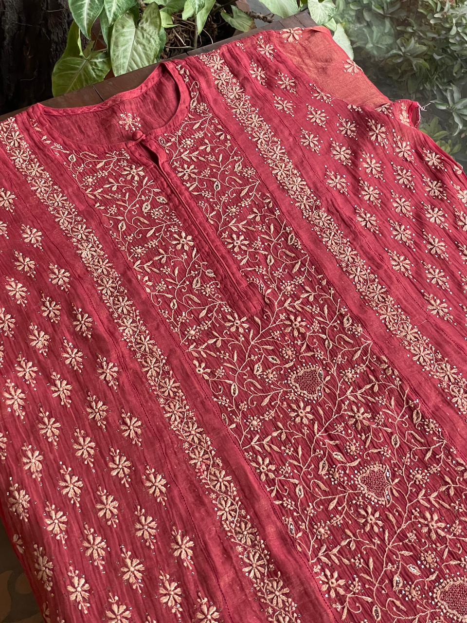 Dusty Red Shade Shade | Tissue Silk Chikankari Work Kurta Set