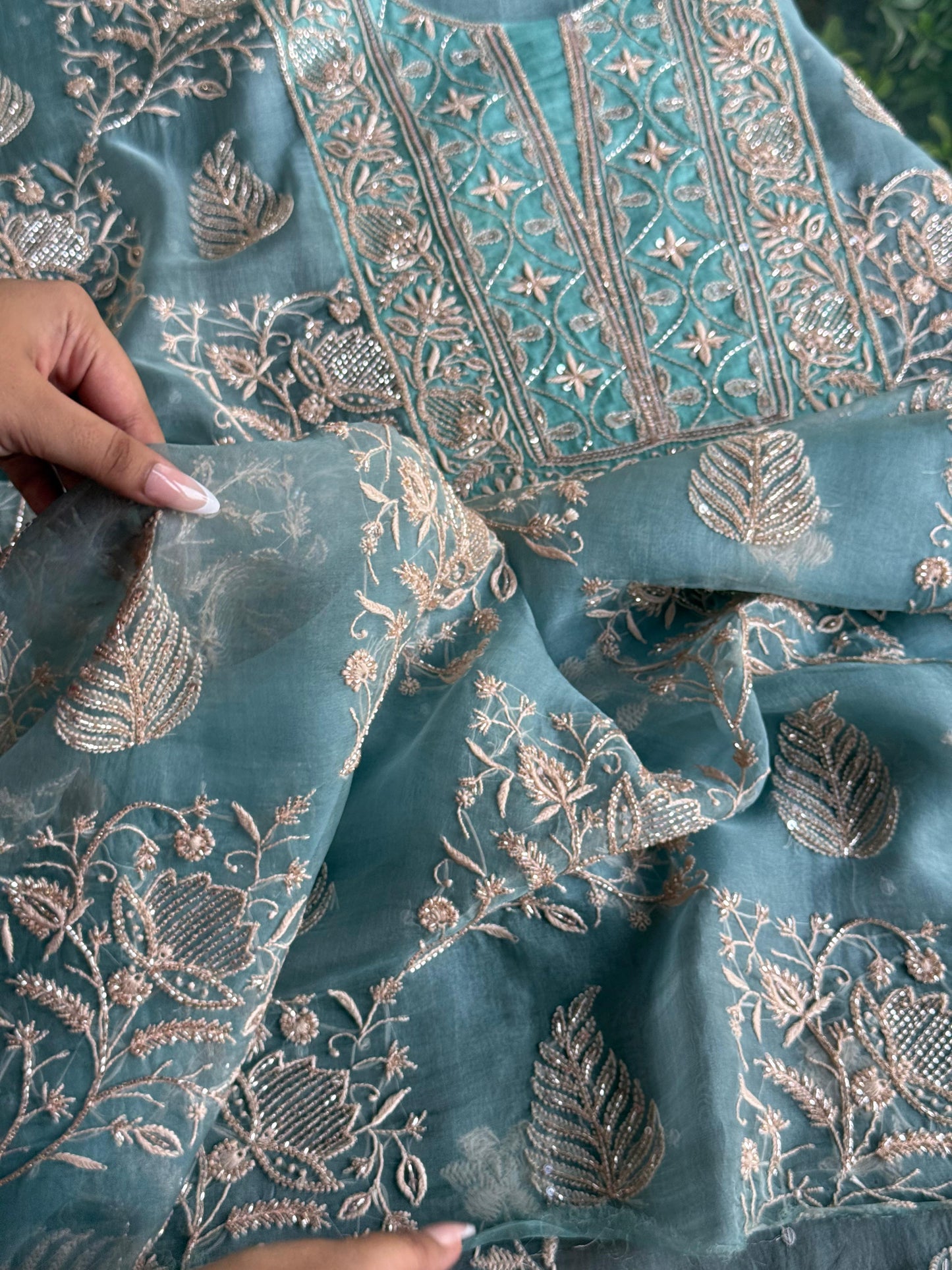 Pastel Shade Noor Organza Silk Chikankari Unstitched Kurta Dupatta Set