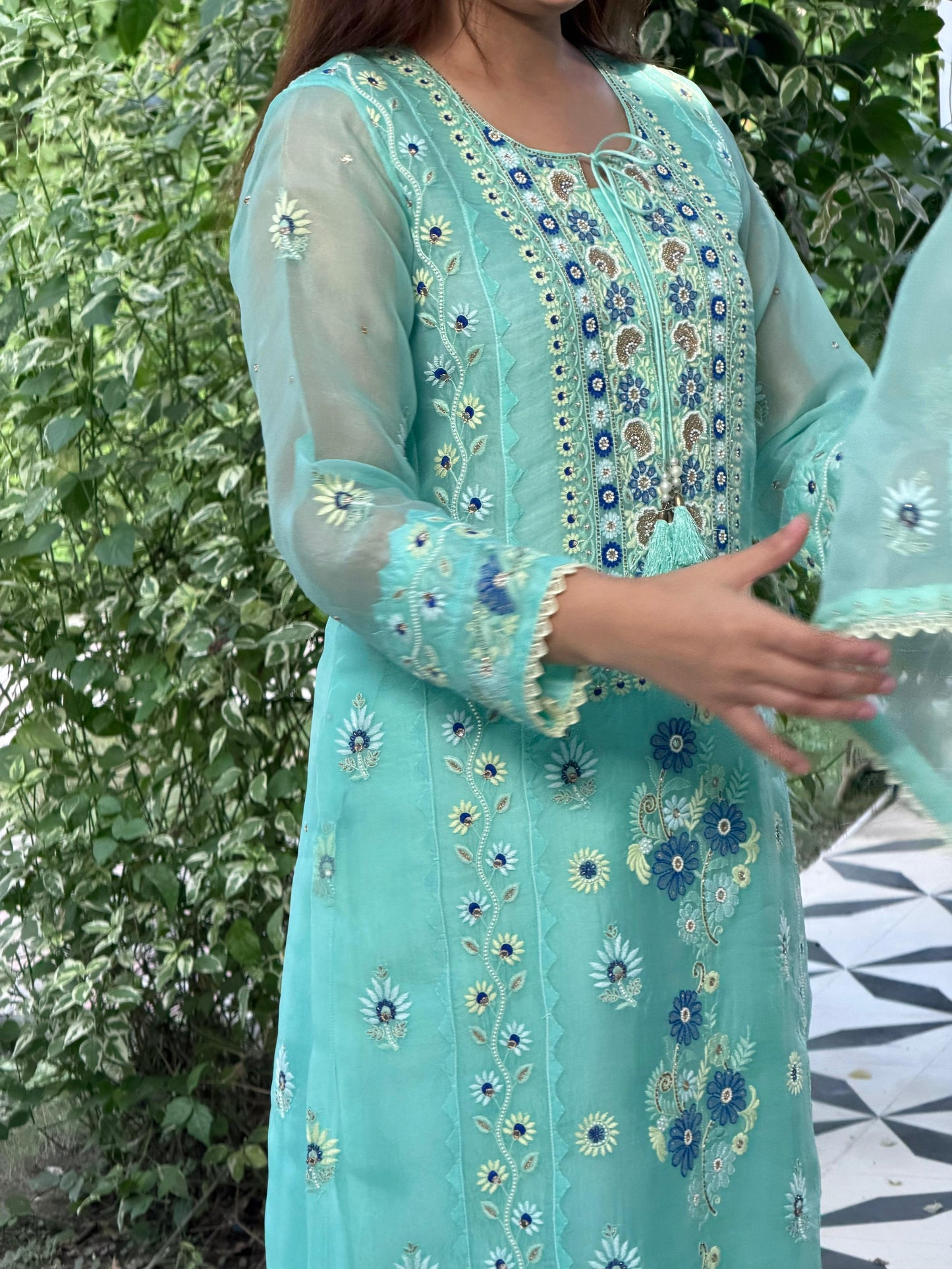 Blue Shade Noor Organza Silk Chikankari Straight Cut Kurta Dupatta Set