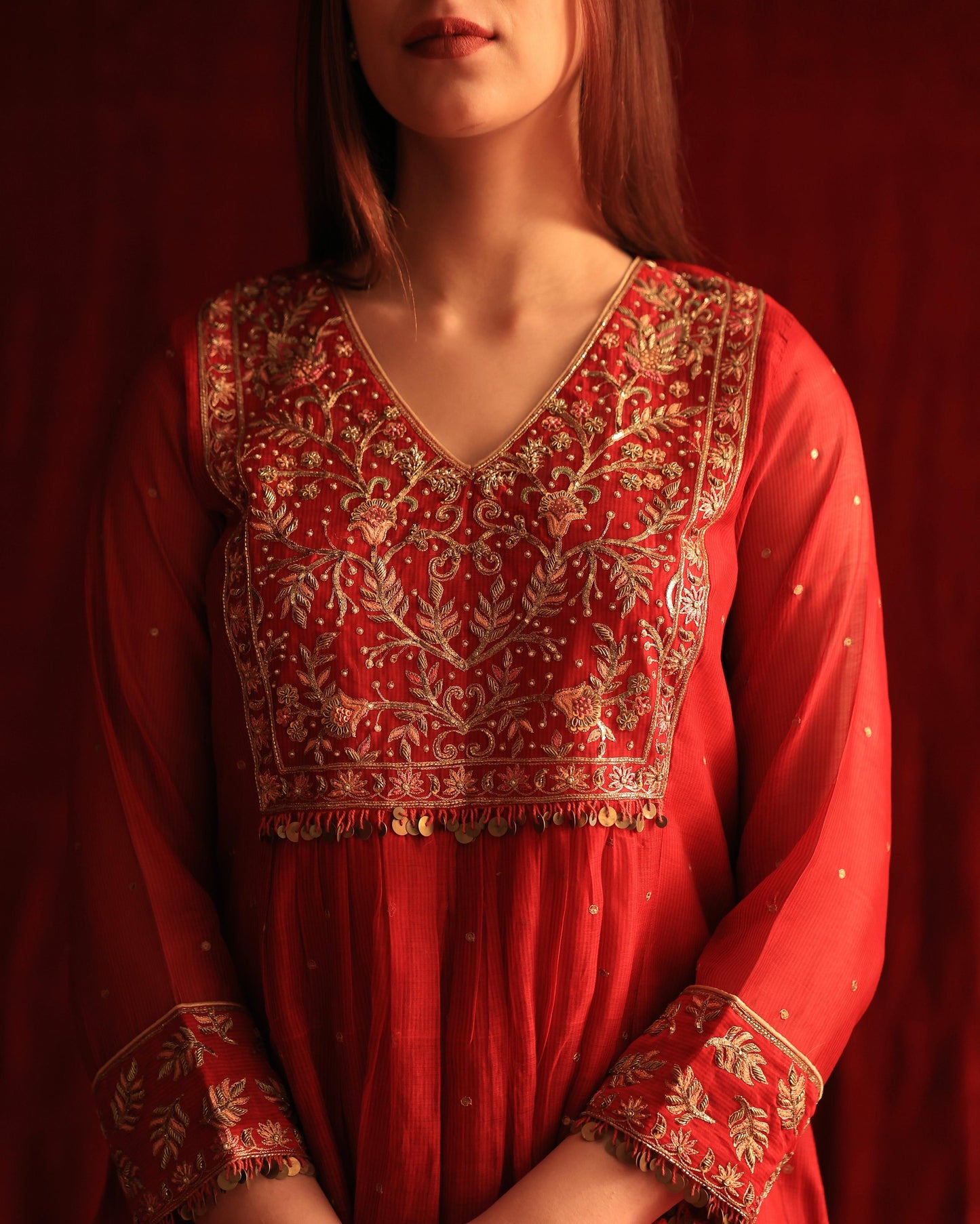 Red Maheshwari Silk Awadhi Zardosi Kurta Set