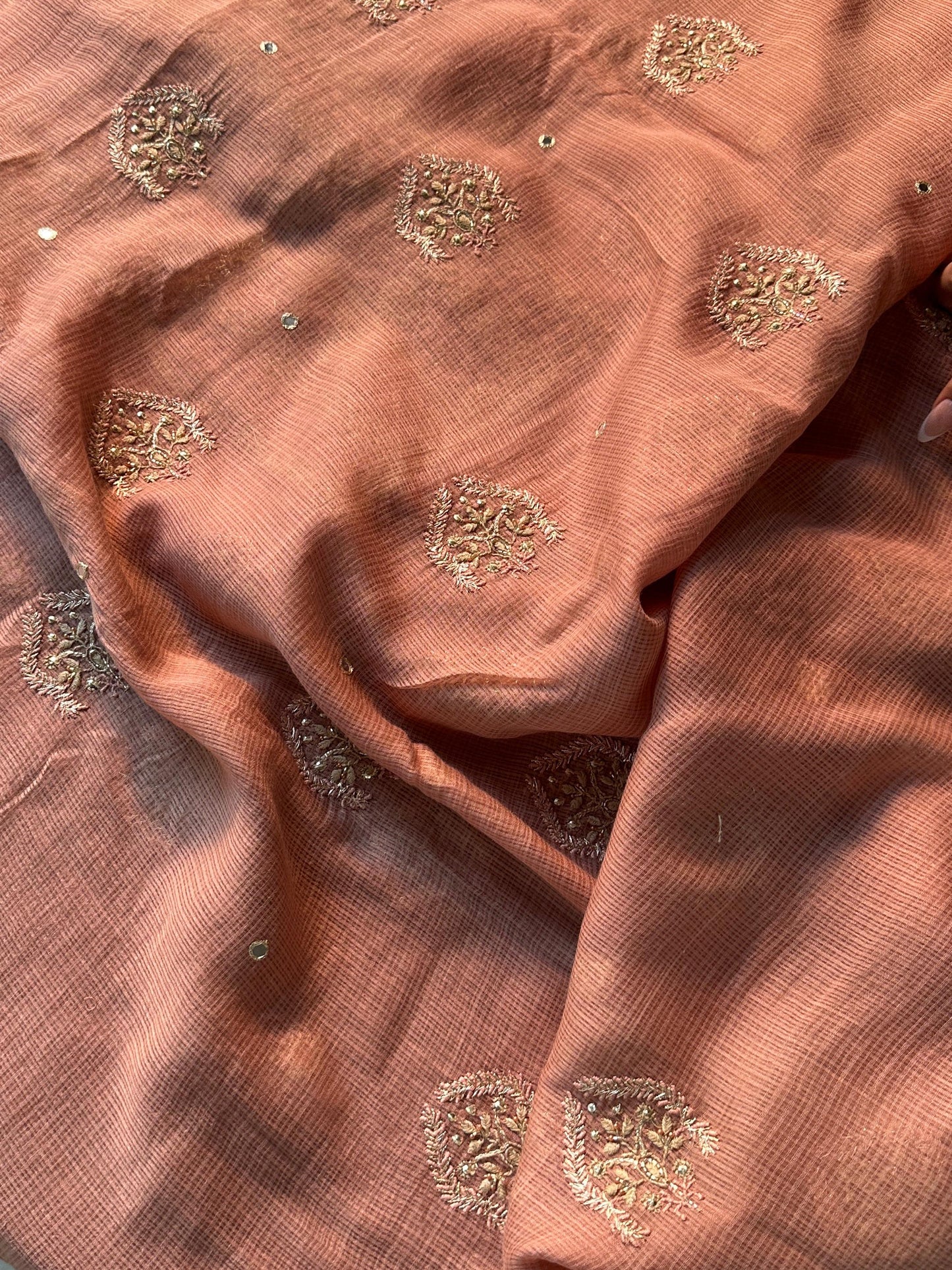 Old Rose Handloom Kota Chikankari With Mirror Work Unstitched Kurta Dupatta Set