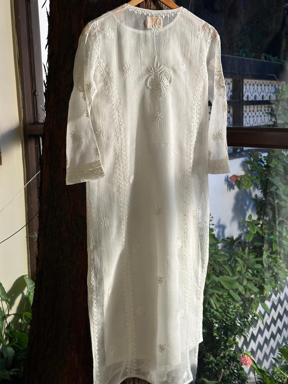 White Floral Kota Chikankari Ready To Wear Straight Kurta With Slip