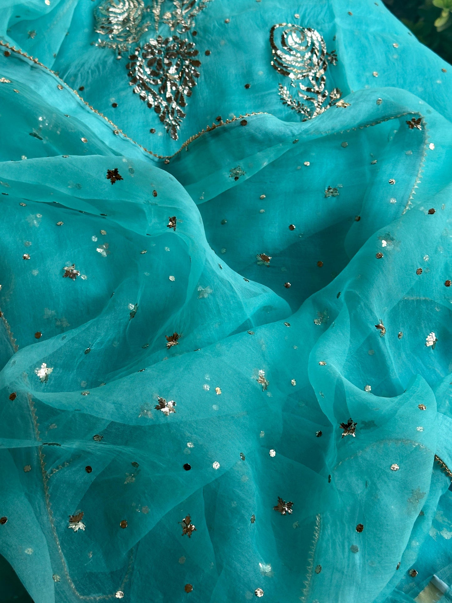 Aqua Blue Foil Print Organza Chikankari Sharara Set