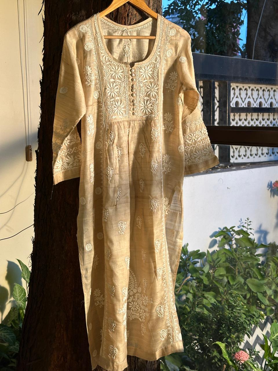 Natural Tussar Silk Chikankari Ready to Wear A Line Kurta