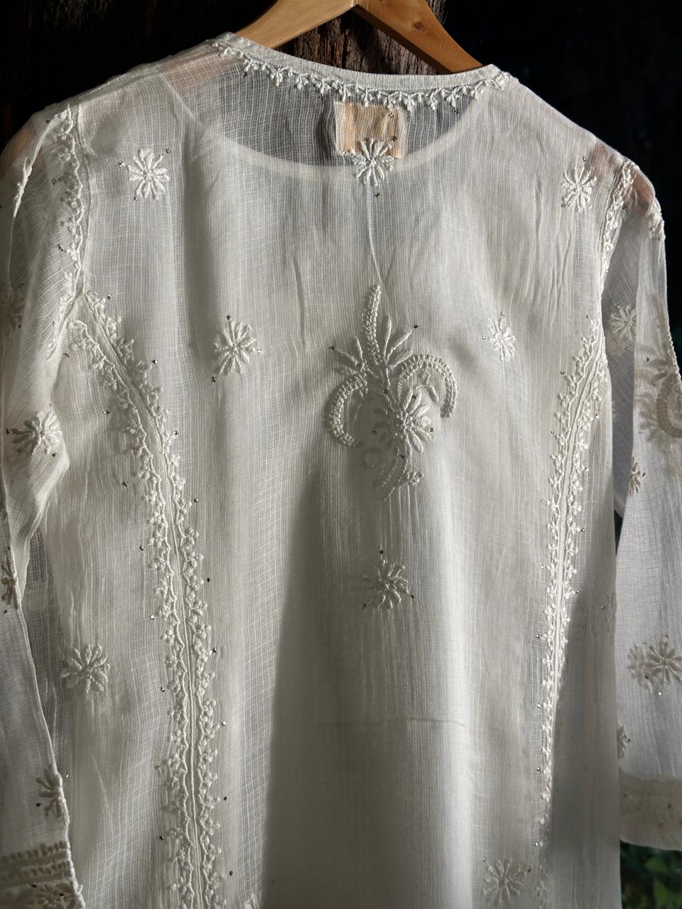 White Floral Kota Chikankari Ready To Wear Straight Kurta With Slip