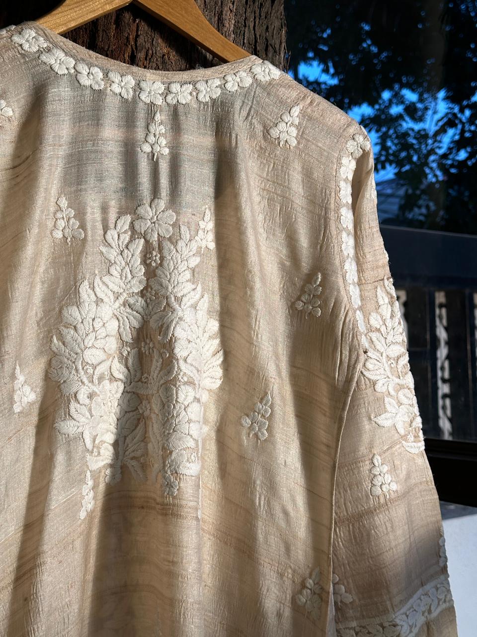Natural Tussar Silk Chikankari Ready to Wear Straight Kurta