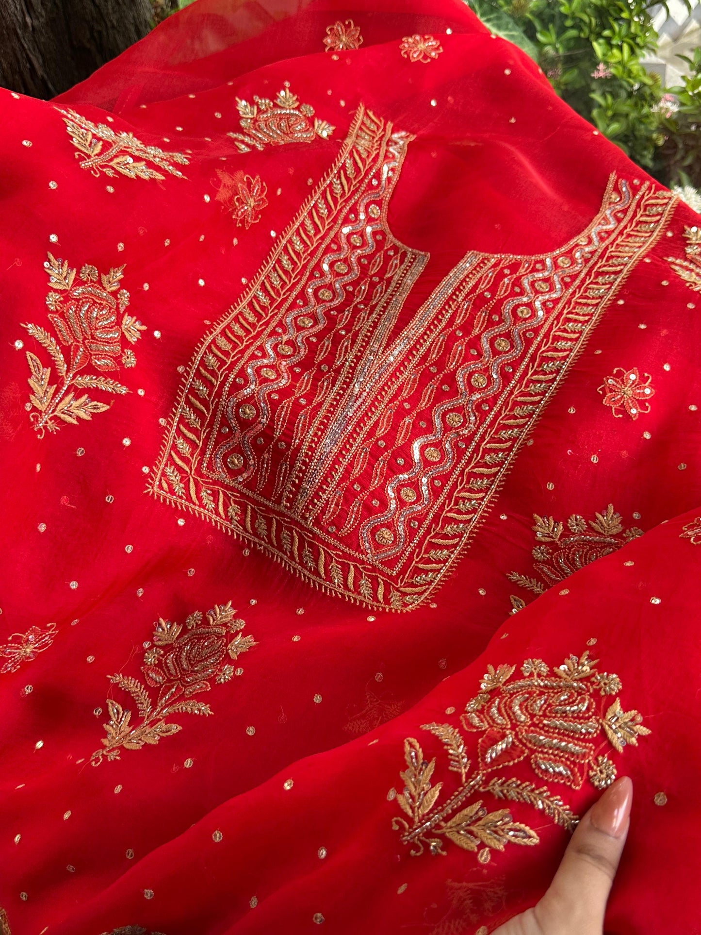 Red Noor Organza Silk Chikankari Unstitched Kurta Dupatta Set