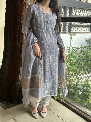 Grey Mul Chanderi Chikankari Straight Kurta Set with Ari Pearl & Sequin Work