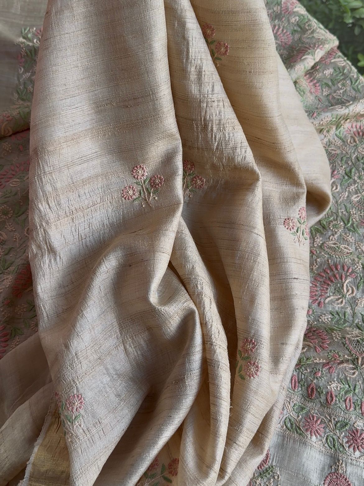 Natural Beige Tussar Silk Chikankari Fabric