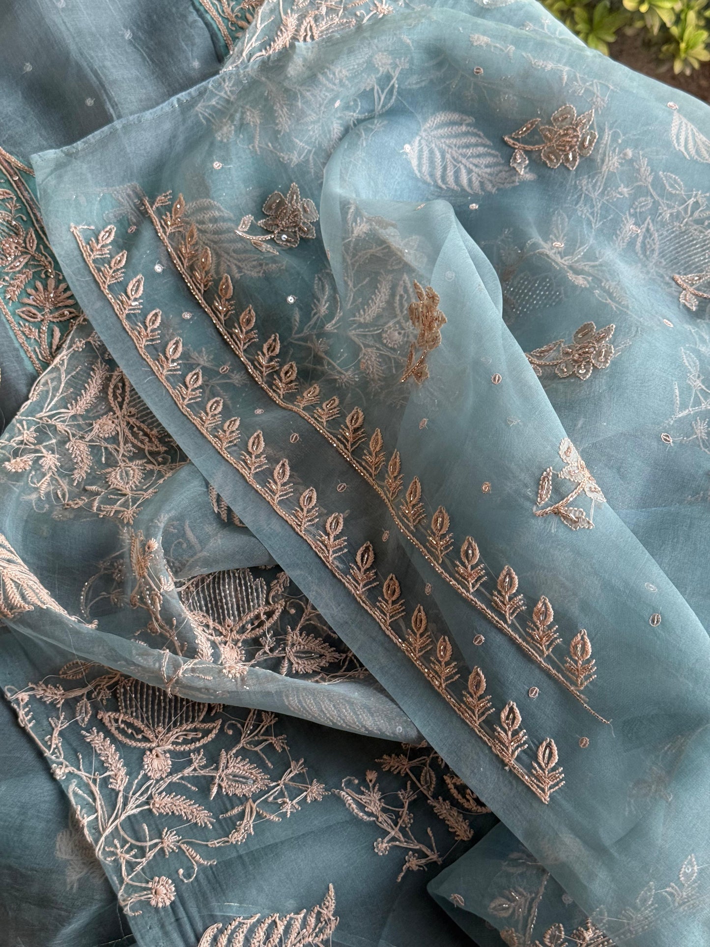 Pastel Shade Noor Organza Silk Chikankari Unstitched Kurta Dupatta Set