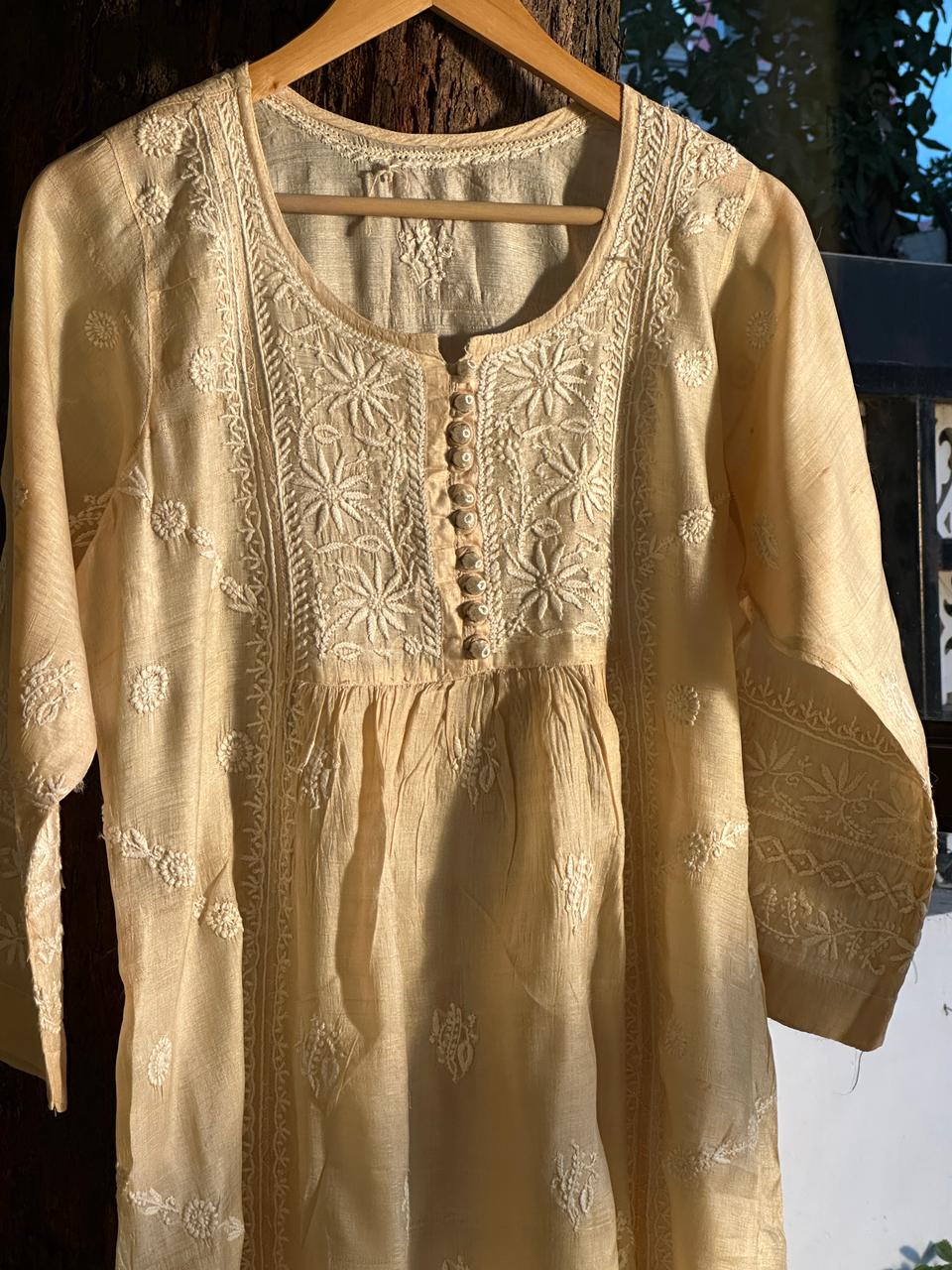 Natural Tussar Silk Chikankari Ready to Wear A Line Kurta