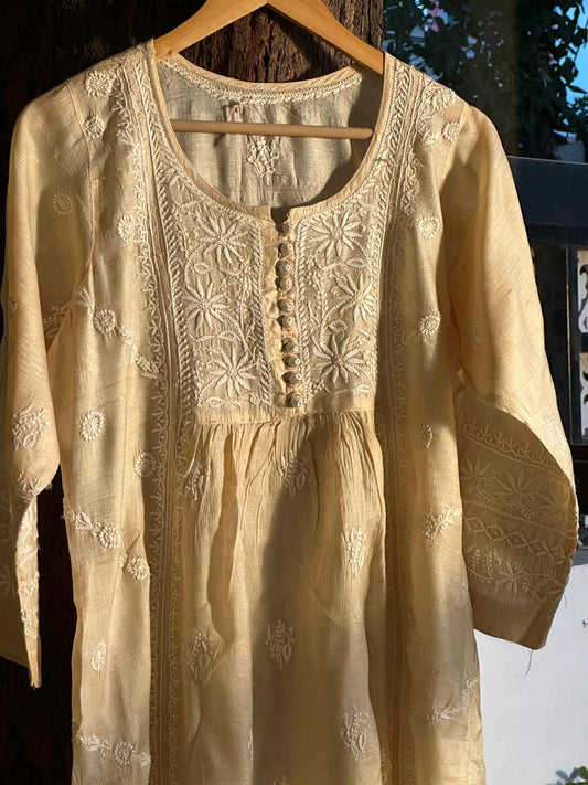Natural Tussar Silk Chikankari Ready to Wear A Line Kurta