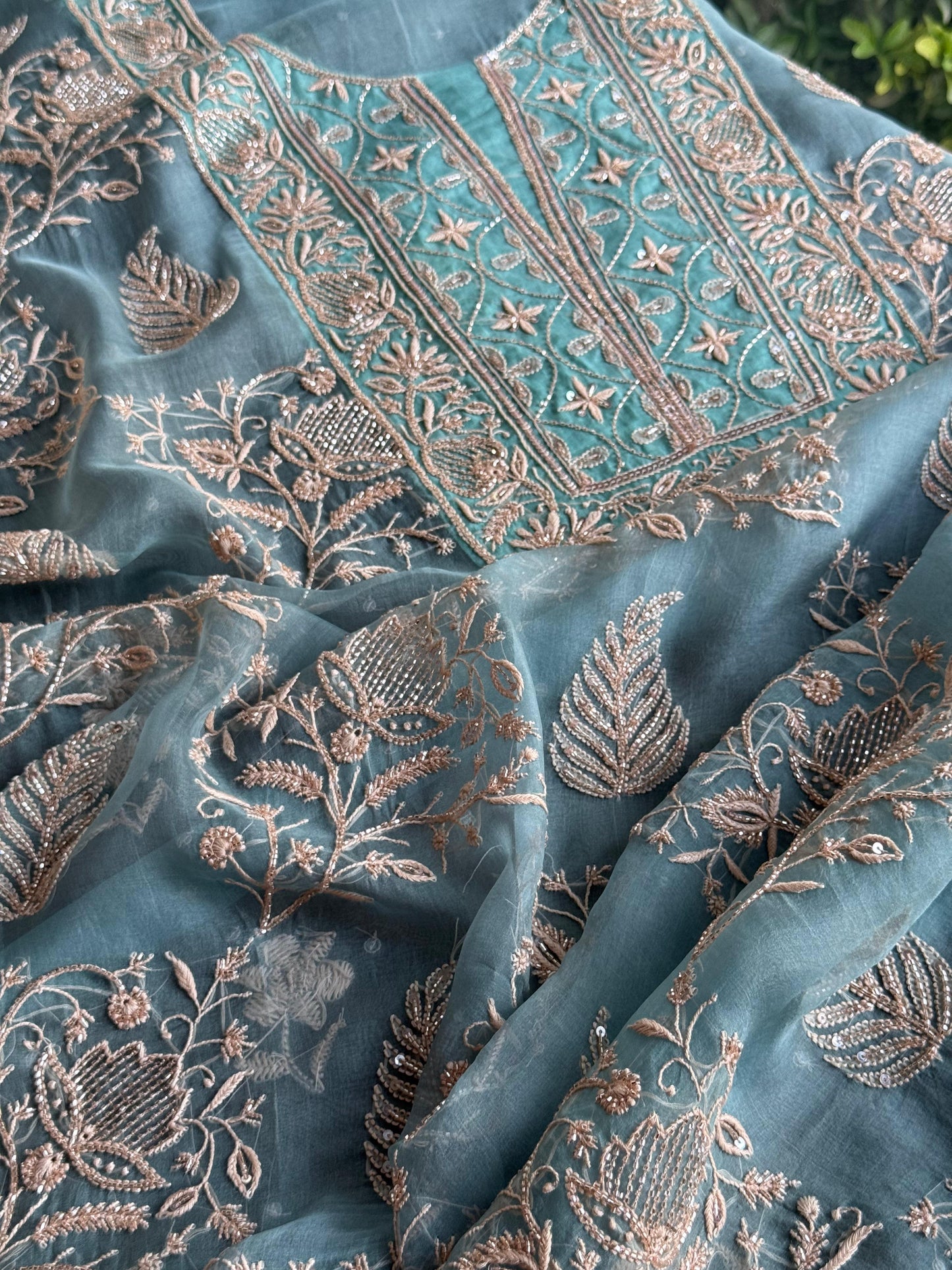 Pastel Shade Noor Organza Silk Chikankari Unstitched Kurta Dupatta Set