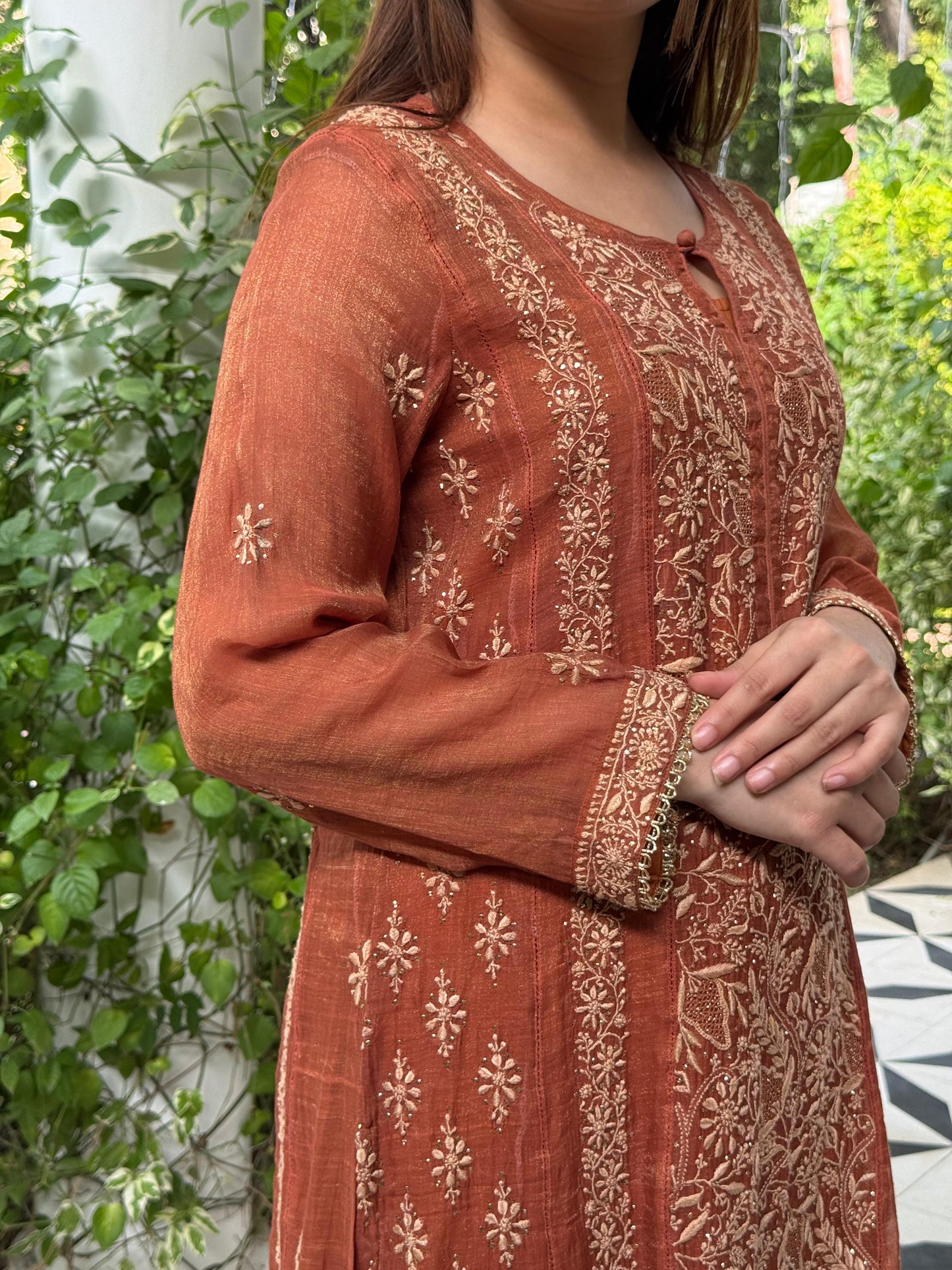 Rust Orange Tissue Silk Chikankari Straight Cut Kurta Dupatta Set