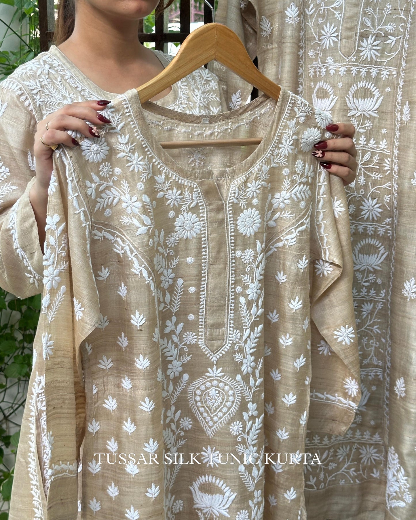 Natural Tussar Silk Chikankari Ready to Wear Kurta Dress