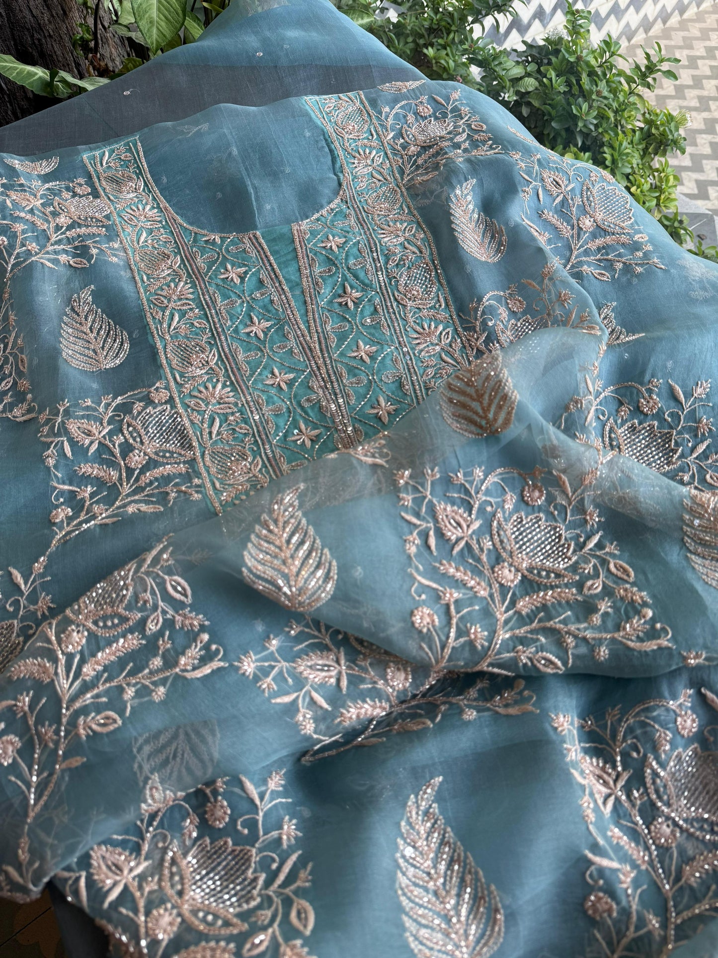 Pastel Shade Noor Organza Silk Chikankari Unstitched Kurta Dupatta Set
