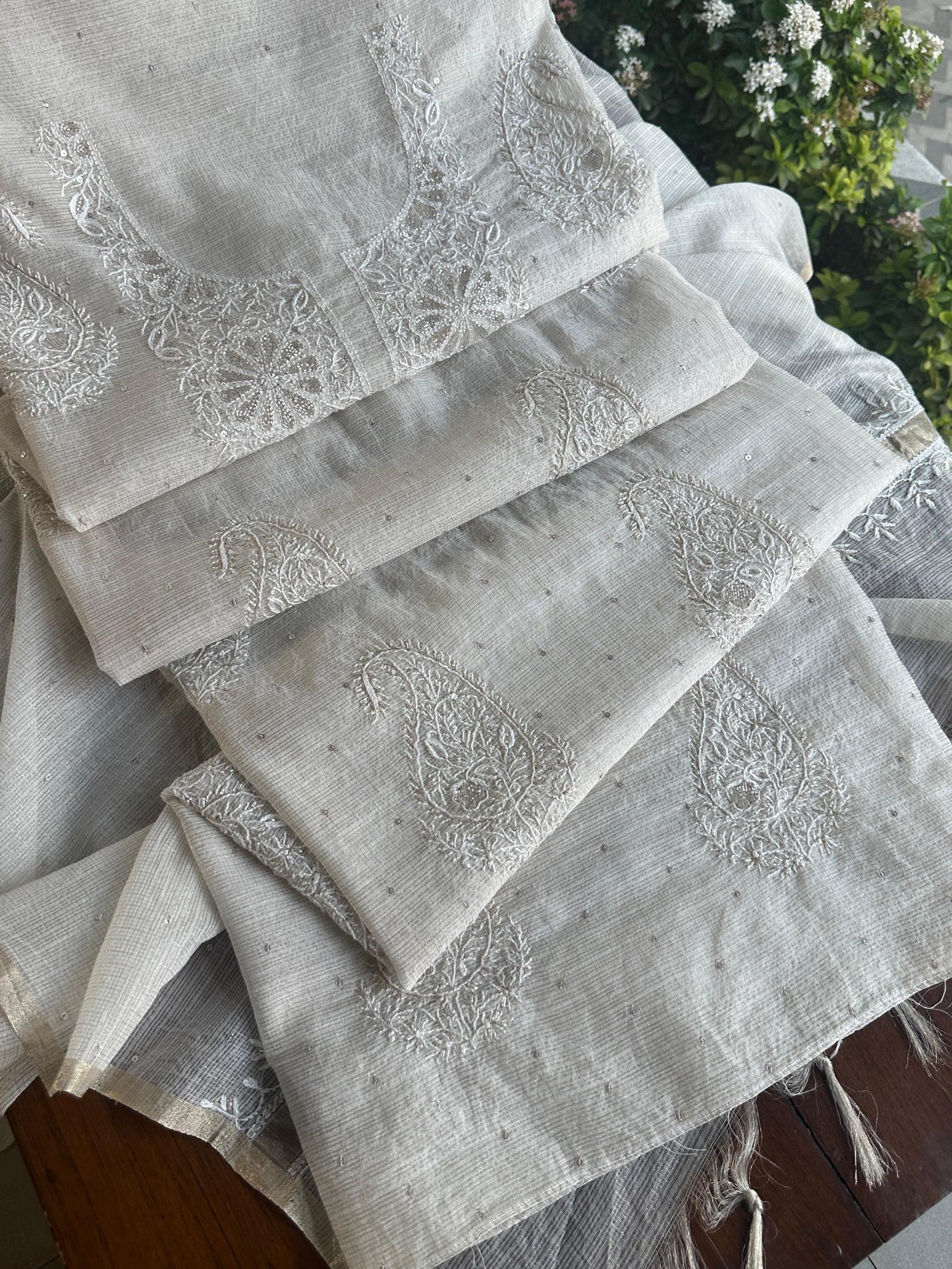 Off White Shade Tissue Zari Kota Chikankari Unstitched Fabric