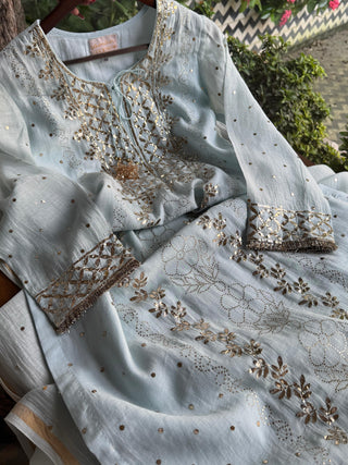 Ice Blue Mukaish Mul Chanderi Silk Ready To Wear Dress