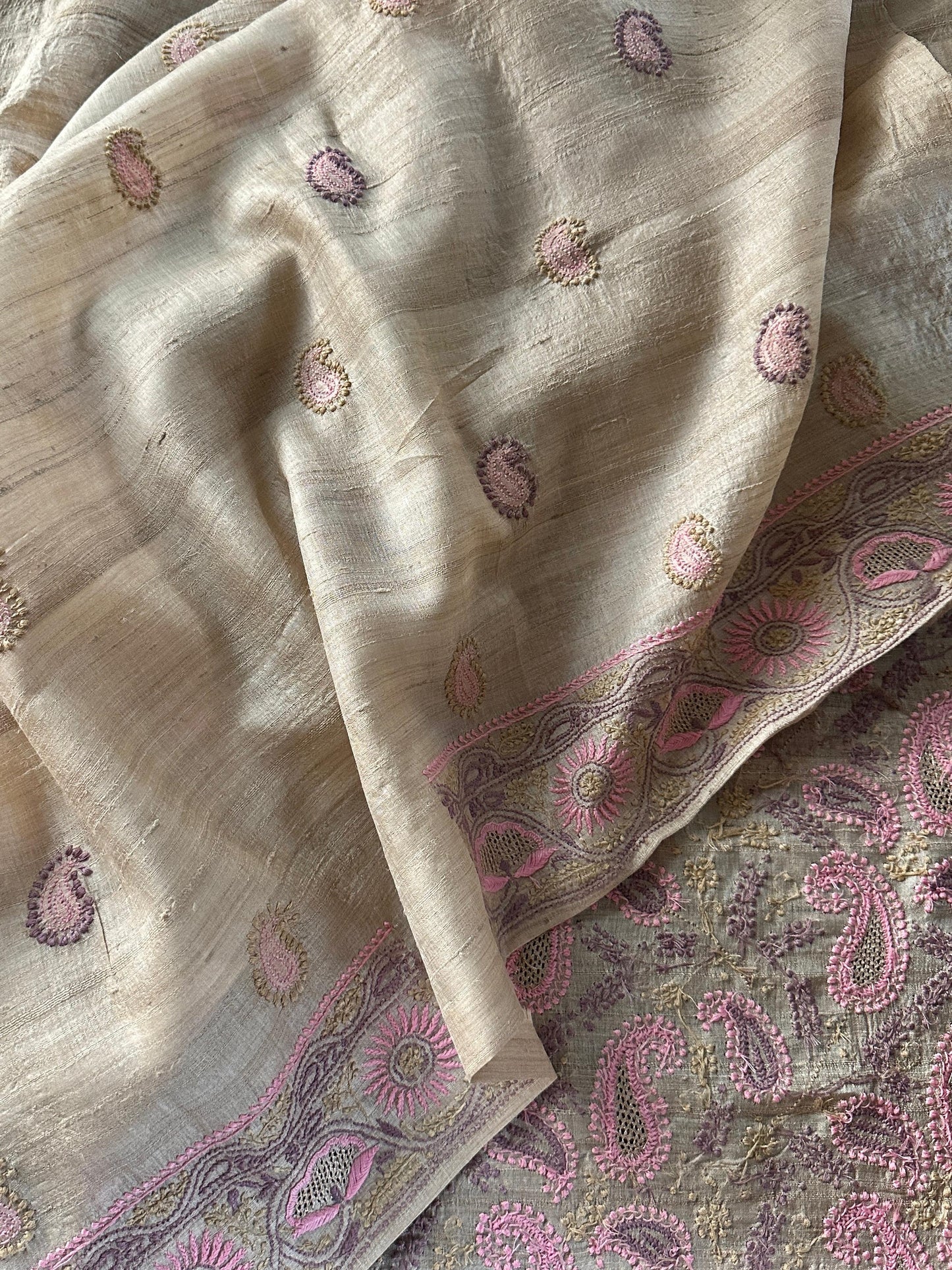 Natural Shade Tussar Silk Chikankari Fabric