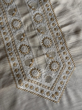 Natural Beige Shade Moonga Silk Chikankari Men’s Kurta Fabric