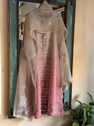 Grey & Pink Ombre Shade Noor Organza Chikankari Anarkali