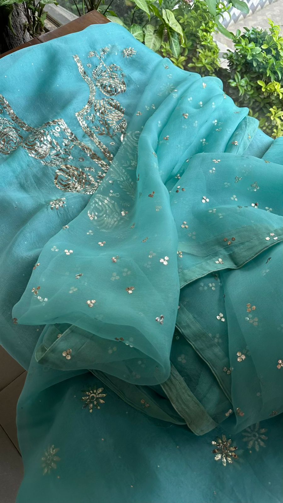 Aqua Mint Noor Organza Silk Mukaish Badla Unstitched Kurta Dupatta Set