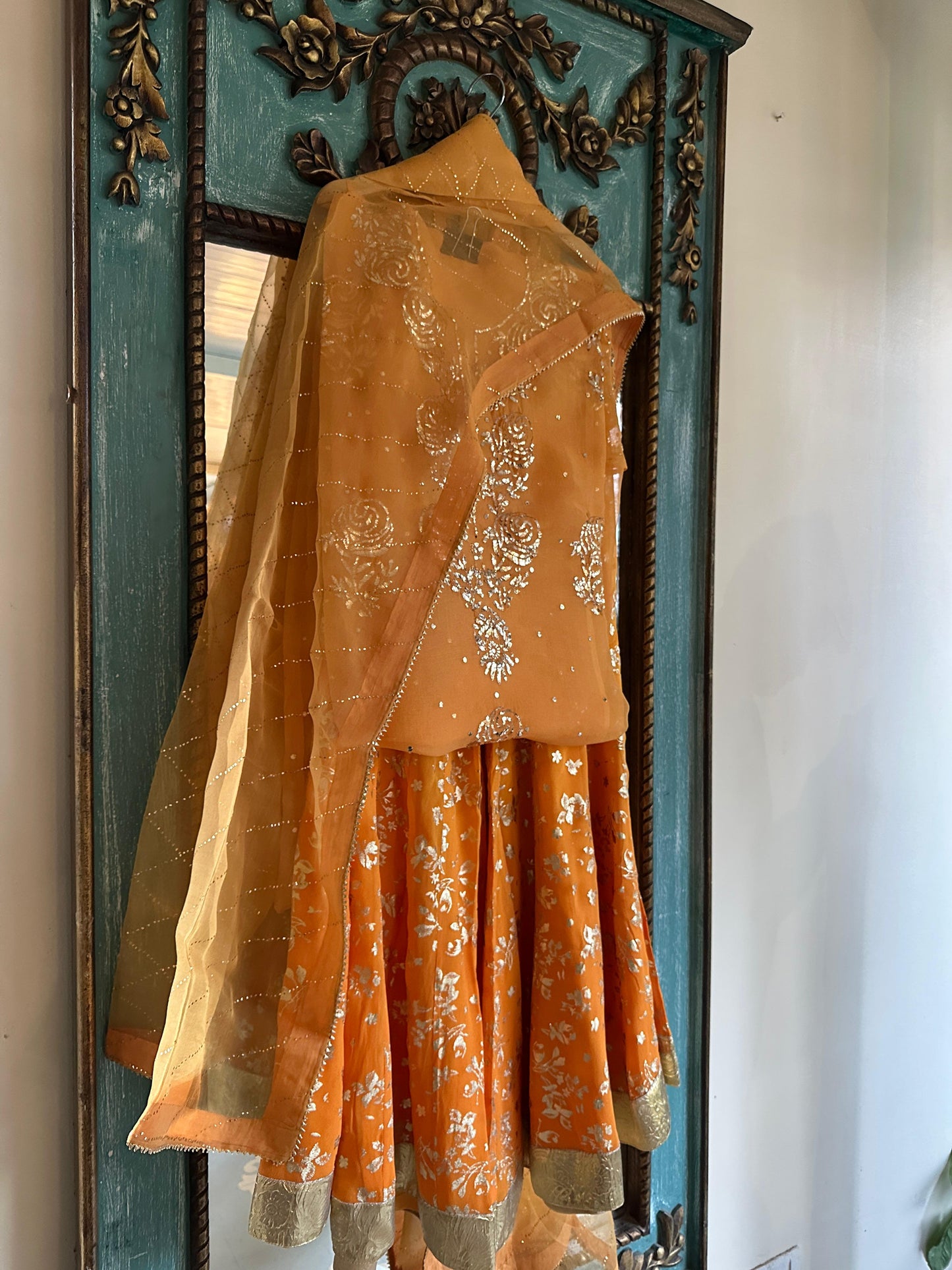 Saffron Shade Foil Print Organza Chikankari Sharara Set