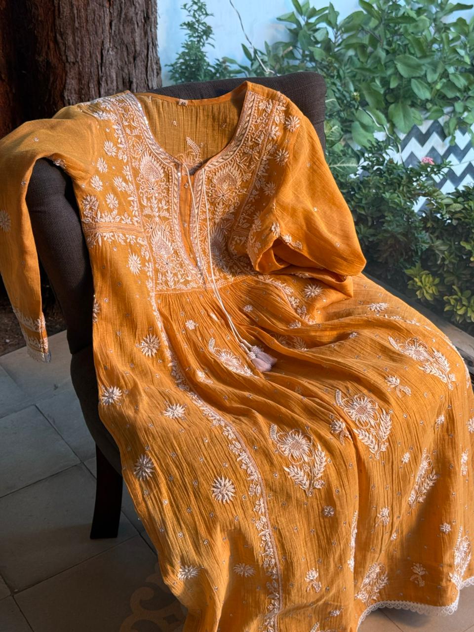 Tissue Silk Chikankari Angarkha With Ari & Beads Work