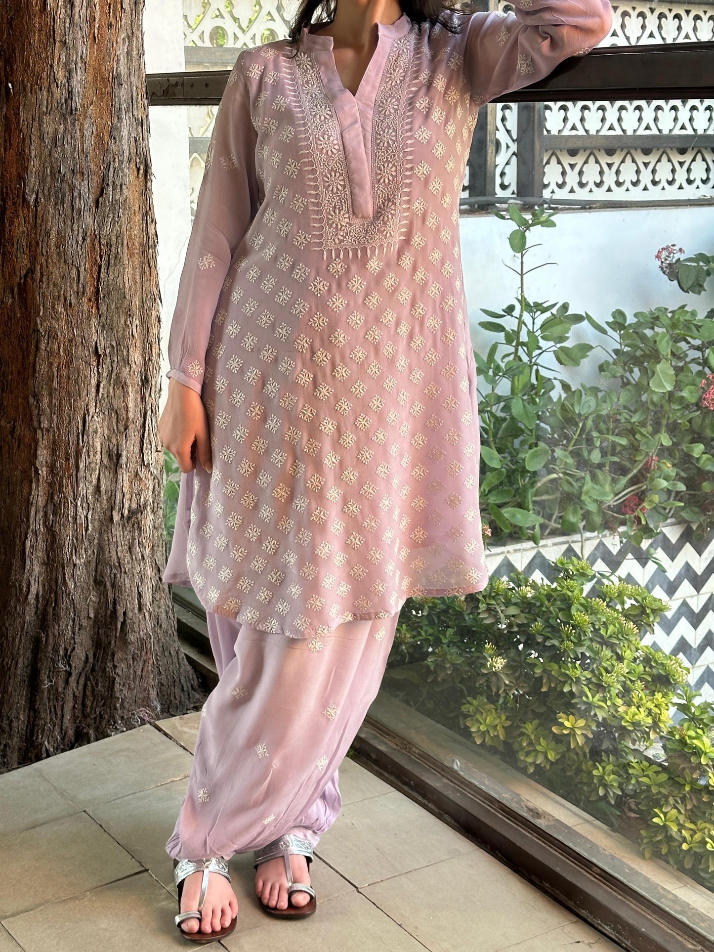 Lavender Chiffon Afghani Shalwar Chikankari Coord Set - Fine Chikankari Work