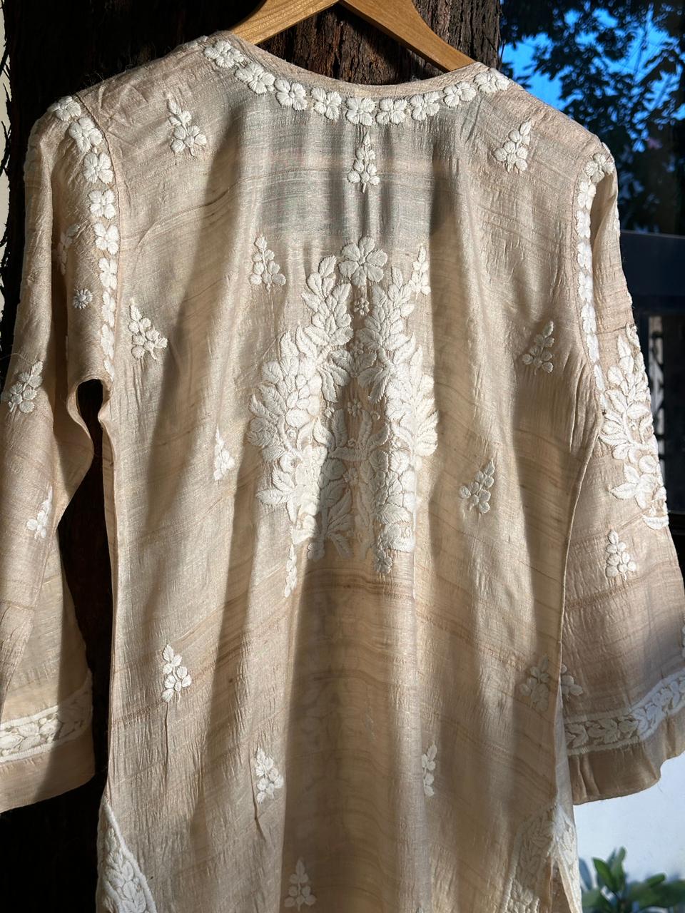 Natural Tussar Silk Chikankari Ready to Wear Straight Kurta