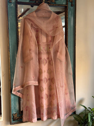 Pearl Peach Shade Noor Organza Chikankari A Line Kurta With Dupatta