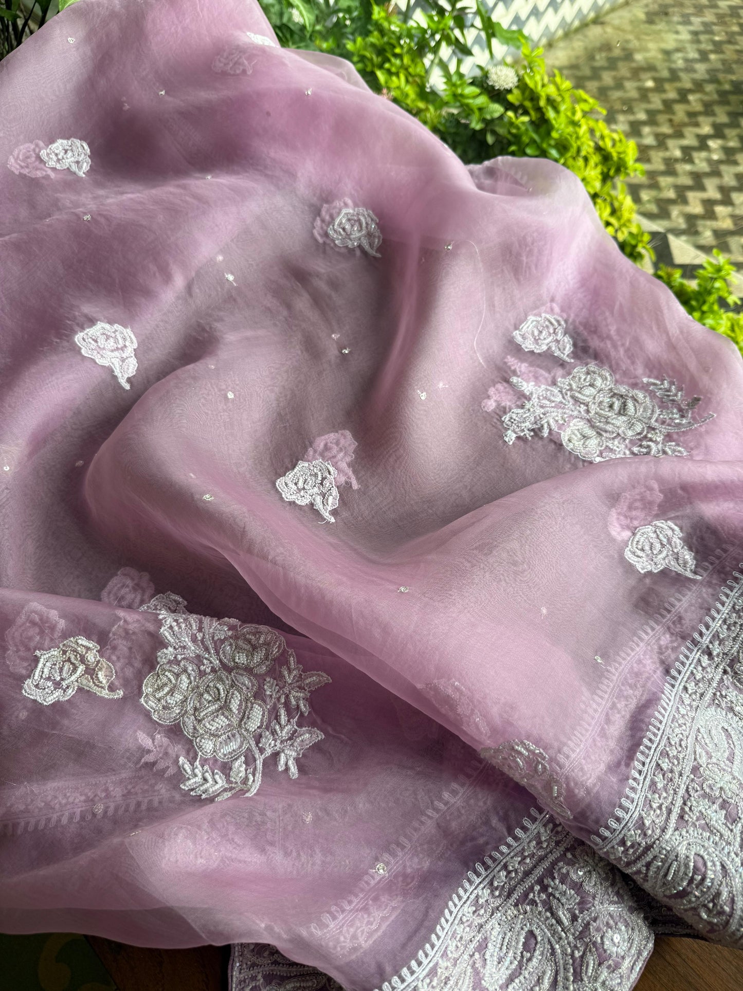 Lavender Pink Noor Organza Silk Chikankari Unstitched Kurta Dupatta Set